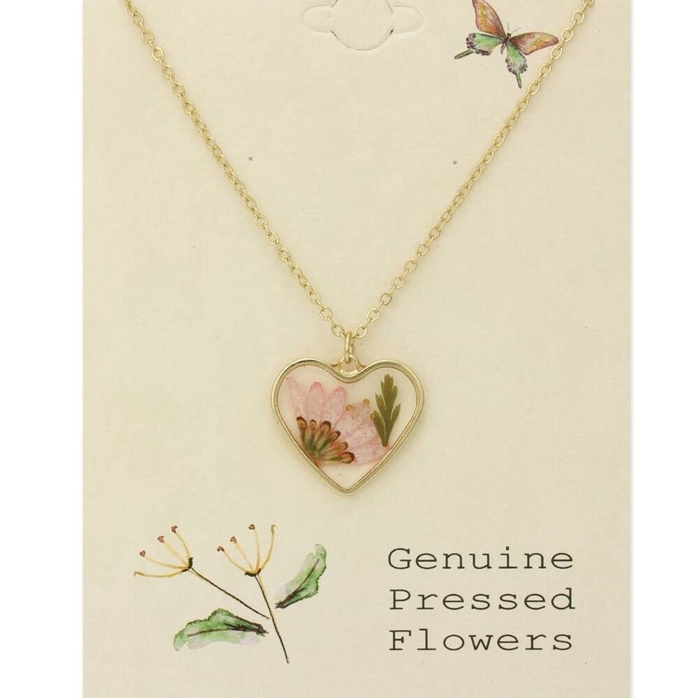 Cottage Floral Heart Pressed Flower Necklace in Gold